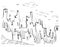 Hand drawn ink city architecture on white isolated background. Suburb skyline one line drawing sketch. Doodle cityscape old town.