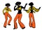 Hand drawn ink drawings of young people wearing retro 70s style clothes dancing soul music or disco dance, isolated on white