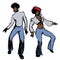 Hand drawn ink drawings of young people wearing retro 70s style clothes dancing soul music or disco dance, isolated on white