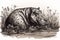 Hand drawn ink illustration of a hippopotamus in its natural habitat. Generative AI