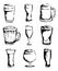 Hand drawn ink style isolated illustration logo set collection: fresh beer glasses mugs different types. For Oktoberfest