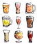 Hand drawn ink style watercolor illustration: beer glasses collection set. For Oktoberfest, Saint Patrick draft craft