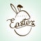Hand drawn inscription Happy Easter with bunny ears silhouette behind egg. Christian biggest holiday banner. Vector