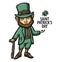 Hand-drawn irish leprechaun with green hat, red mustache and beard and clover. leprechaum. Saint patrick. Vector