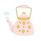 Hand-drawn isolated clip art illustration of pink teapot with yellow ornament