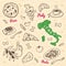 Hand drawn Italy symbols and food set.