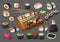 Hand drawn japan sushi and rolls sets. Vector big sushi and rolls collection