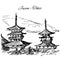 Hand drawn japanese multi-storey pagoda scene