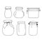 Hand drawn jar set. Contour sketch. Kitchen objects doodle style. Vector illustration isolated on white background. Alchemy and