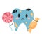 Hand drawn kawaii tooth character with candies. Flat cartoon vector illustration of unhealthy broken teeth with sweets