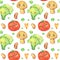 Hand drawn kawaii vegetables pattern. Cute food illustration isolated on white. Cartoon champignon, tomato, salad leaves