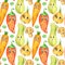 Hand drawn kawaii vegetables pattern. Cute food illustration isolated on white. Cartoon leek, champignon, carrot, pepper