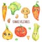 Hand drawn kawaii vegetables set. Cute food illustration. Cartoon vegetables: leek, onion, salad leaves, carrot, tomato