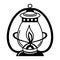 Hand drawn kerosene lamp. Vector icon in doodle style. Black antique lighting fixture with metal handle. A sketch of a camping