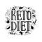 Hand drawn Keto Diet title design surrounded by keto friendly foods.