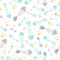 Hand drawn kid seamless pattern. Pastel gray and blue cute fish and cat paws footprints abstract texture background. Vector