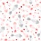 Hand drawn kid seamless pattern. Pastel pink and gray cute fish and cat paws footprints abstract texture background. Vector