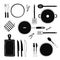Hand drawn kitchen utensils set. Kitchen tools collection. Cooking equipment, kitchenware, tableware, dishes
