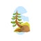 Hand drawn landscape scene with evergreen pine growing behind the rock. Coniferous tree. Forest nature. Flat cartoon