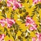 Hand drawn leaf and flower texture.Seamless floral pattern. Vector tropical geometric print. Memphis colorful template on yellow