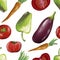 Hand drawn legumes on a white background, carrot, tomato, peppers, seamless pattern