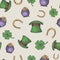 Hand Drawn Leprechaun Hat, Horseshoe and Treasure Pot Vector Seamless Background Pattern with Green Lucky Shamrock