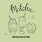 Hand-drawn letering different matcha drinks and desserts.