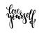 Hand drawn lettering of a phrase love yourself. Inspirational and Motivational Quotes. Hand Brush Lettering And Typography Design