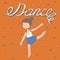 Hand drawn lettering with word Dance with little girl dancing. Vector square illustration, colorful, kind, cute, with happy kids