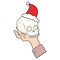 hand drawn line drawing of a hand holding skull wearing santa hat