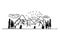 Hand drawn lineart contour mountain landscape, nature scenery. White and black design. Modern composition, travel