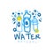 Hand drawn logo with blue bottles of mineral water