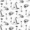Hand drawn magic witch seamless pattern. Vector sketch endless illustration with wizard hat, frogs and medieval keys. Halloween