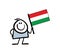 Hand drawn man holding flag of Hungary in rising up hand. Vector illustration of stickman waving national sign of the