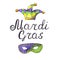 Hand drawn MARDI GRAS composition with text, mask and colorful carnival fool`s cap
