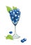 Hand drawn marker illustration of wine glass full of blueberries with three green leaves isolated