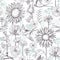 Hand drawn meadow flowers and  swallows. Vector  pattern