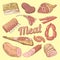 Hand Drawn Meat Doodle with Pork, Sausages and Ham. Gastronomic Food Products