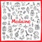 Hand drawn medical icons set. Vector illustration. (Tools, organs, symbols)