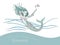 Hand drawn mermaid jumping out of the wave, releasing a fish from his hand. Vector illustration on transparent