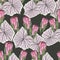 Hand drawn mixed kinds of exotic home plant leaves and protea, African native wild flower seamless pattern