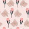 Hand drawn mixed kinds of exotic home plant leaves and protea, African native wild flower seamless pattern.