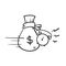 Hand drawn money bag and timer symbol for Quick and easy loan, fast money providence, business and finance services, timely