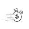 Hand drawn money bag and timer symbol for Quick and easy loan, fast money providence, business and finance services, timely