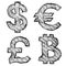 Hand drawn money symbols with hatching