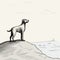 Hand-drawn Monochrome Landscape: Dog Standing On Cliff Overlooking Ocean