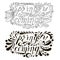 Hand drawn monochrome lettering Spring is coming, swirls, flowers