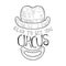 Hand Drawn Monochrome Vintage Circus Show Promotion Sign With Clown Hat And Smile In Pencil Sketch Style With