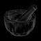 Hand drawn mortar and pestle on blackboard. Grinding spices and solid food ingredients