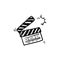 Hand drawn Movie clapperboard icon. Film set clapper for cinema production. Board clap for video clip scene start. Lights, camera